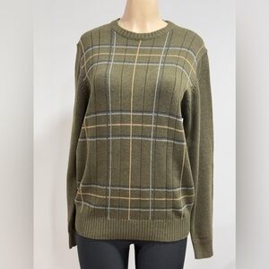 Oscar de la Renta Men's Sweater Crewneck Olive Green Plaid Cotton Large